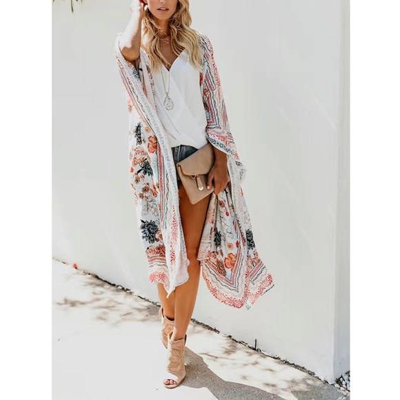 Other - Boho Creamy White Floral Kimono Wrap Beach Coverup